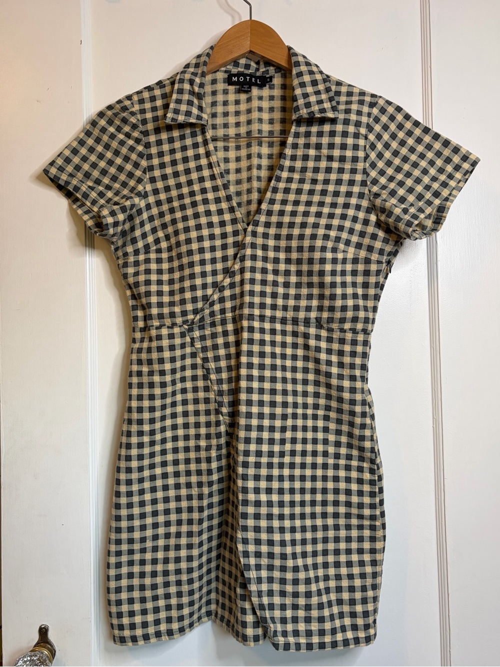 Motel Rocks Black and Cream Gingham Wrap-Style Mini Dress women’s small